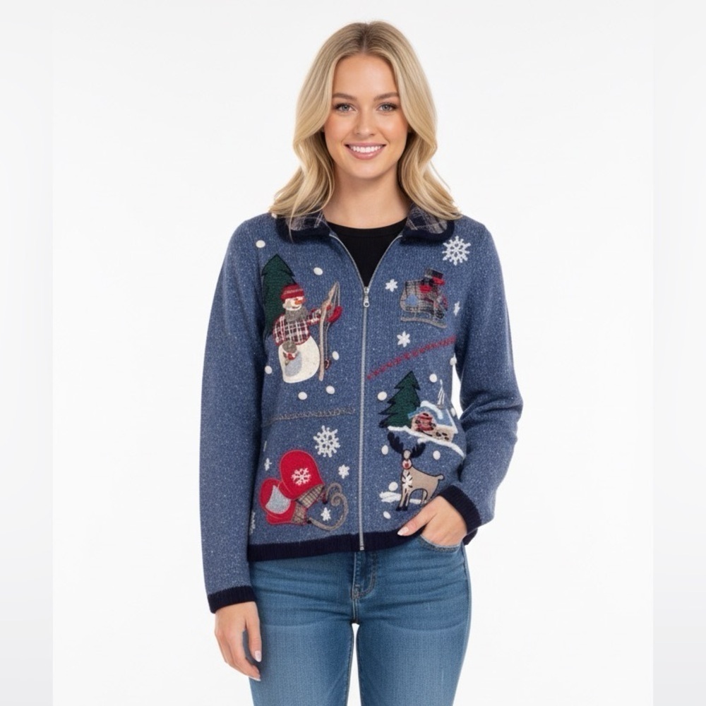 VINTAGE knit ugly Christmas sweater zip up cardigan size large blue color